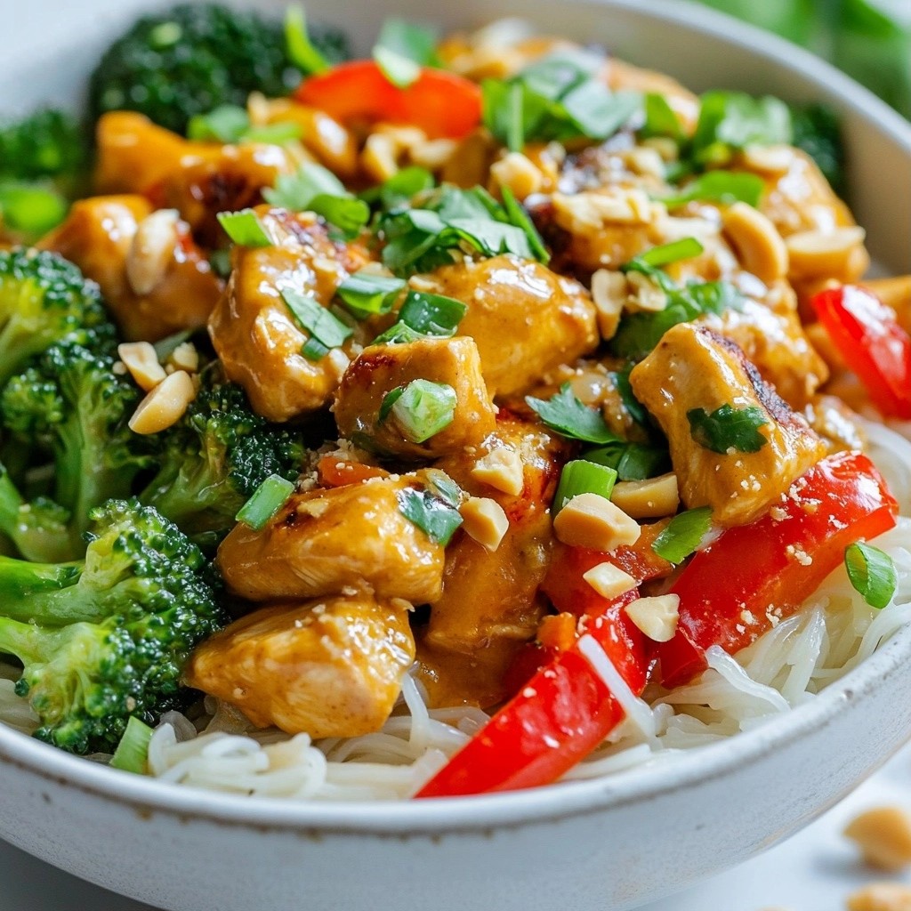 Thai Peanut Chicken with Rice Noodles Easy Recipe